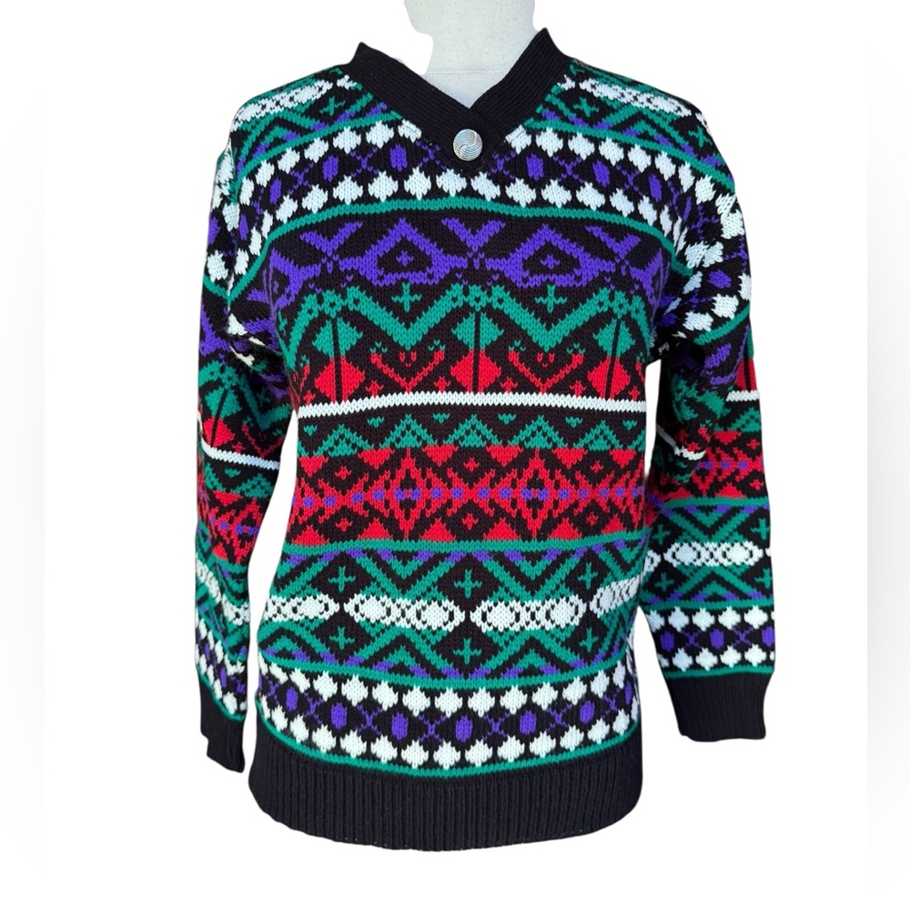 1980s/90s Middlebrook Park 100% Acrylic Aztec Pattern Sweater w/V-Neck Button Em